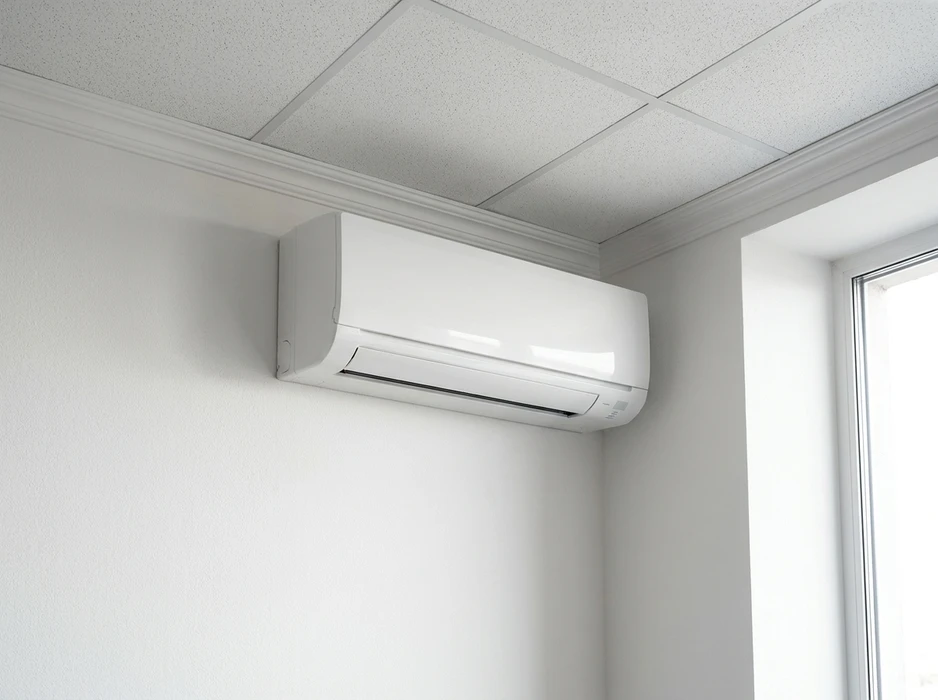 Intérieur épuré d'une pièce blanche avec faux plafond à dalles acoustiques