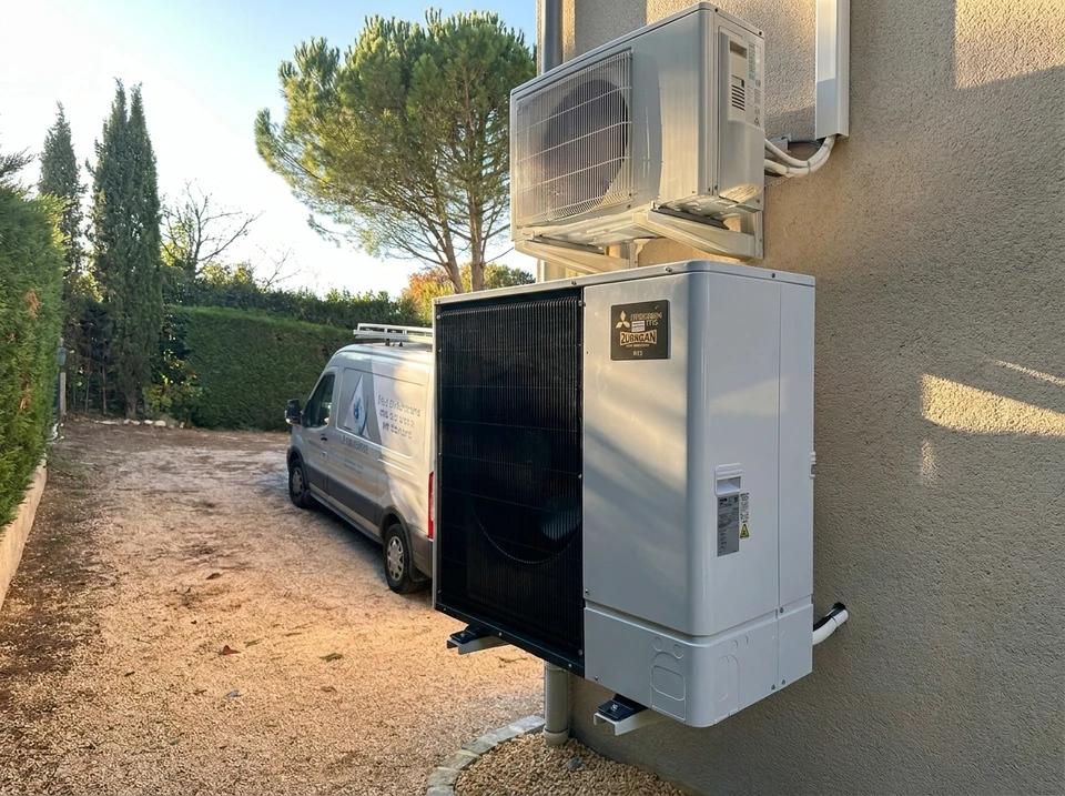 Extérieur résidentiel moderne avec pompe à chaleur air-eau installée sur gravier concassé gris, bordée de pelouse verte entretenue