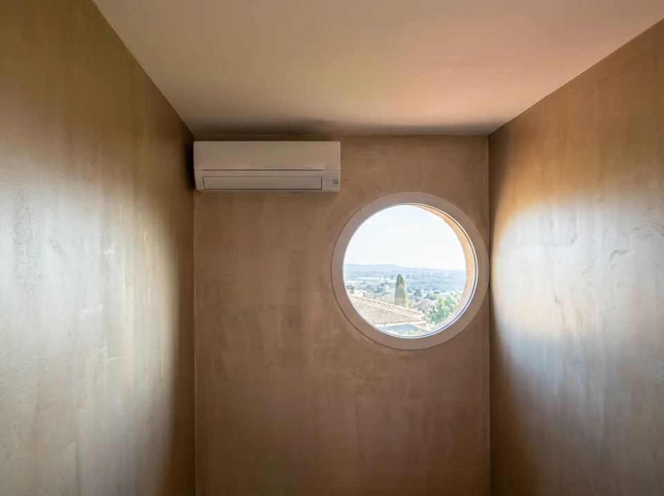 Extérieur résidentiel avec installation de pompe à chaleur air-air