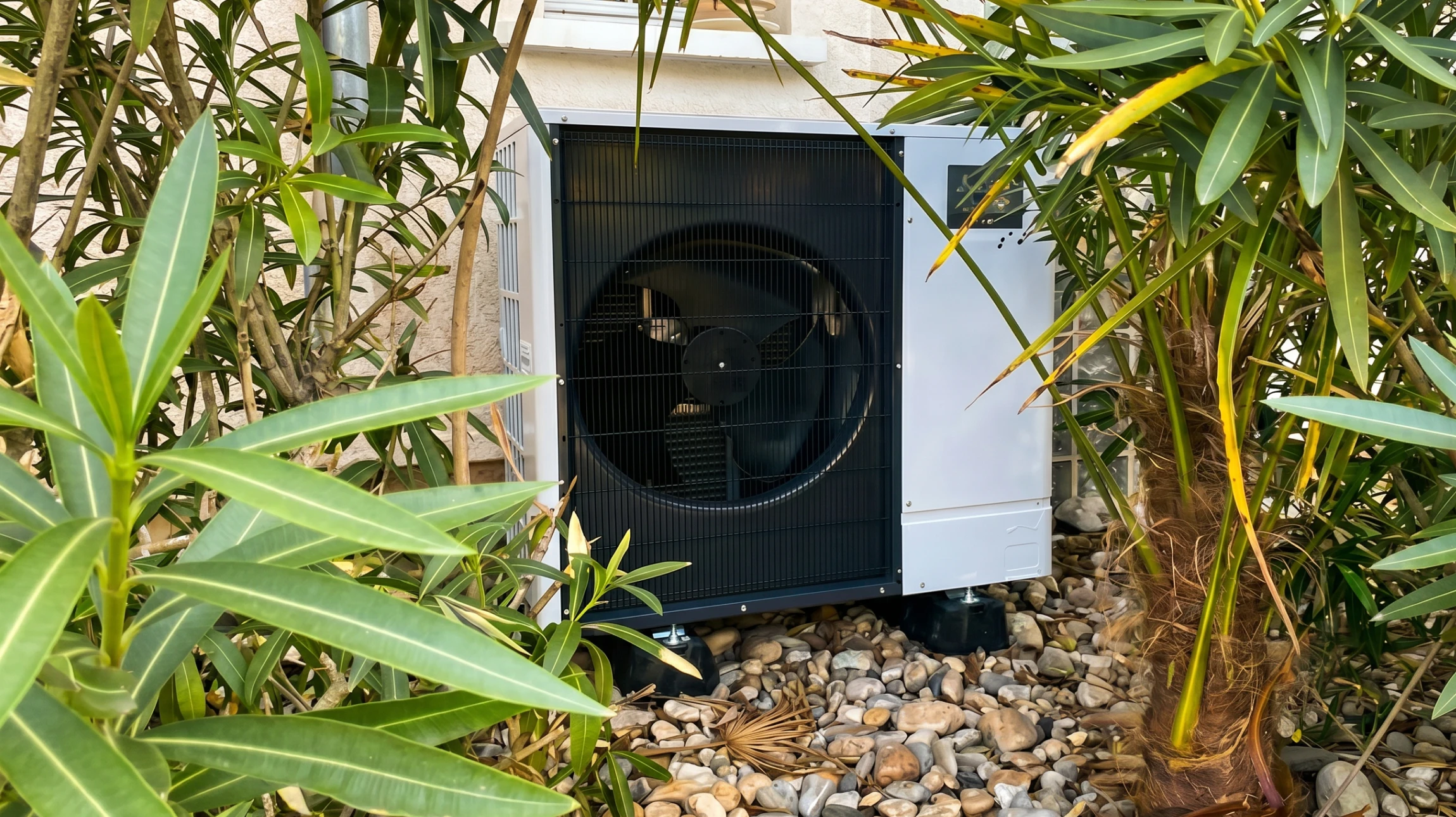 Extérieur résidentiel moderne avec pompe à chaleur air-eau installée sur gravier concassé gris, bordée de pelouse verte entretenue