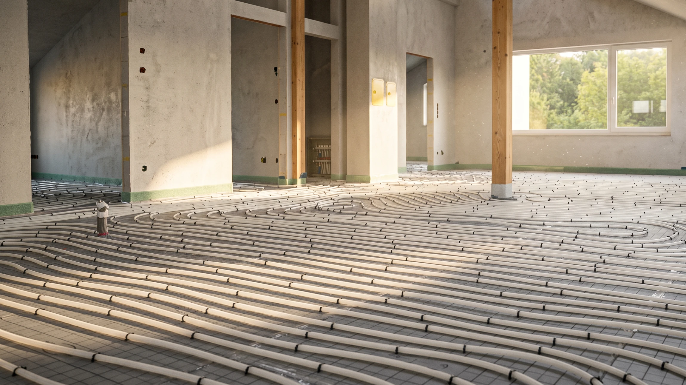 Chantier intérieur, ouvrier en bleu appliquant chape ciment sur plancher chauffant