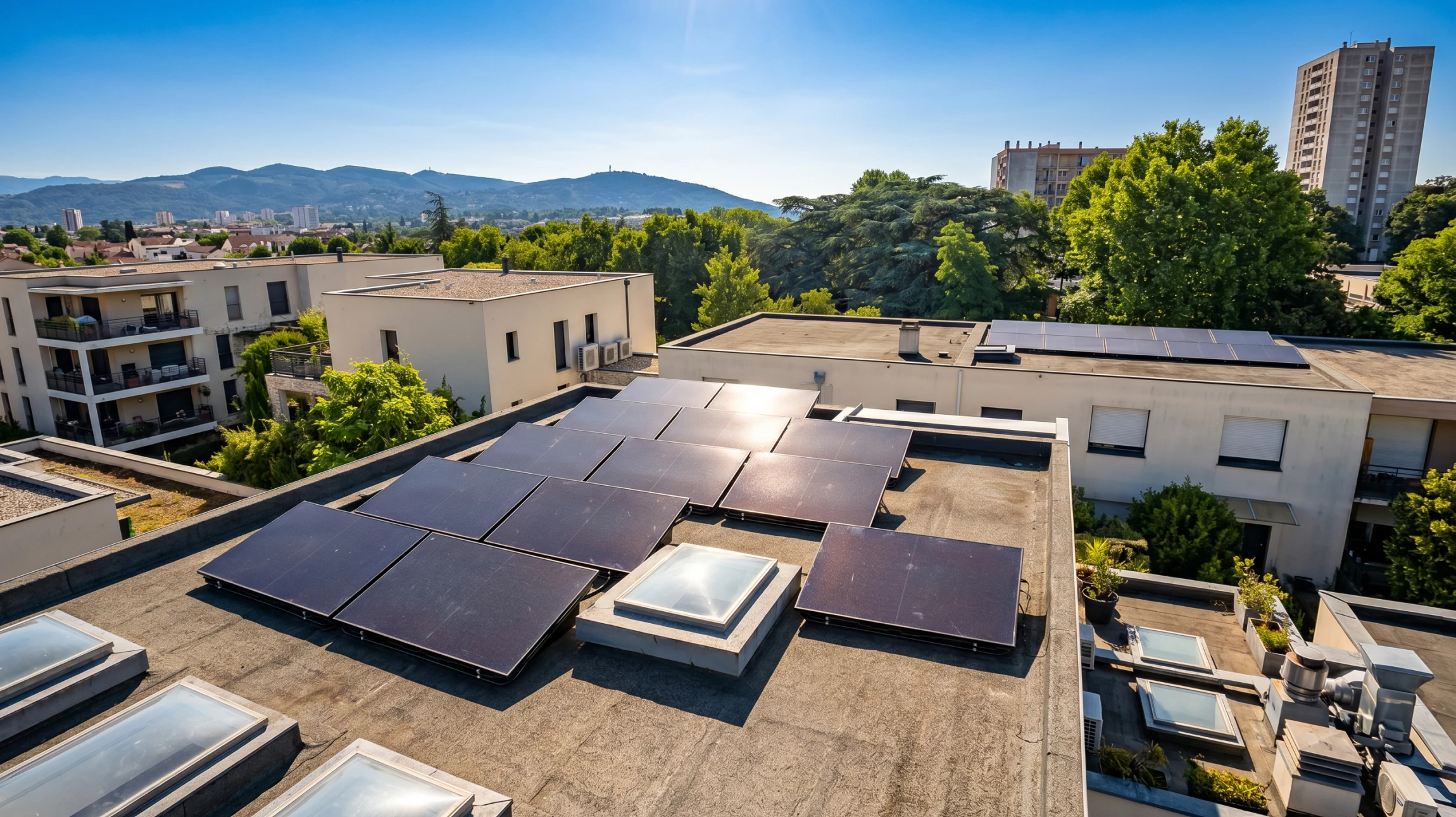 Ouvrier en tenue de sécurité haute visibilité et casque jaune installant des panneaux solaires photovoltaïques sur toiture résidentielle en bardeaux rouges, ciel bleu dégagé